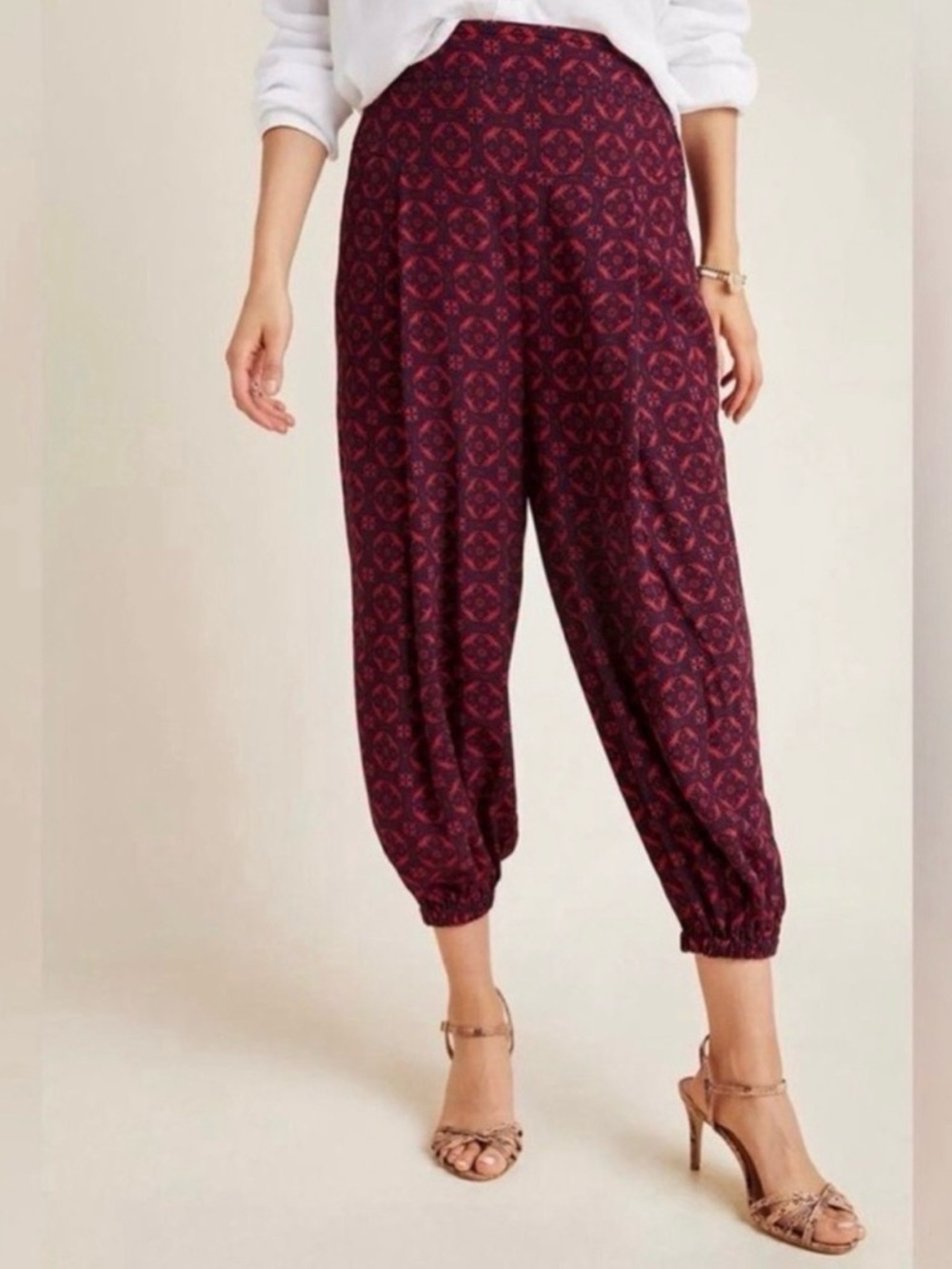 Anthropologie Boho XS Red Blue Paisley Print Cropped Harem Pants High Rise
